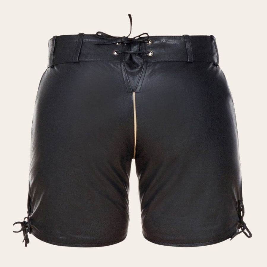 Women's short Oktoberfest-style shorts, black with lace ties at sides and front drawcord