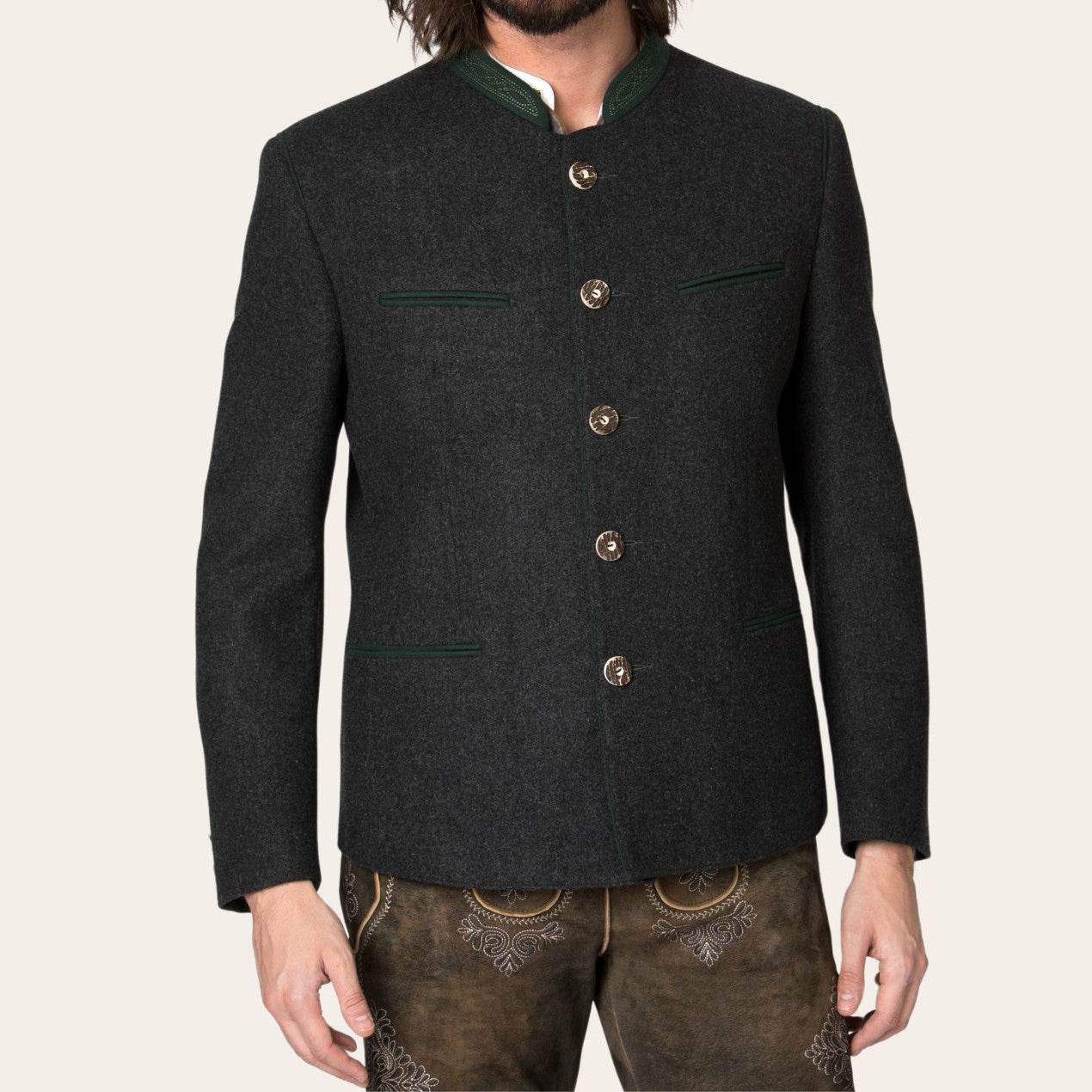 Men's dark jacket with stand collar, green pocket trim, and horn-style buttons