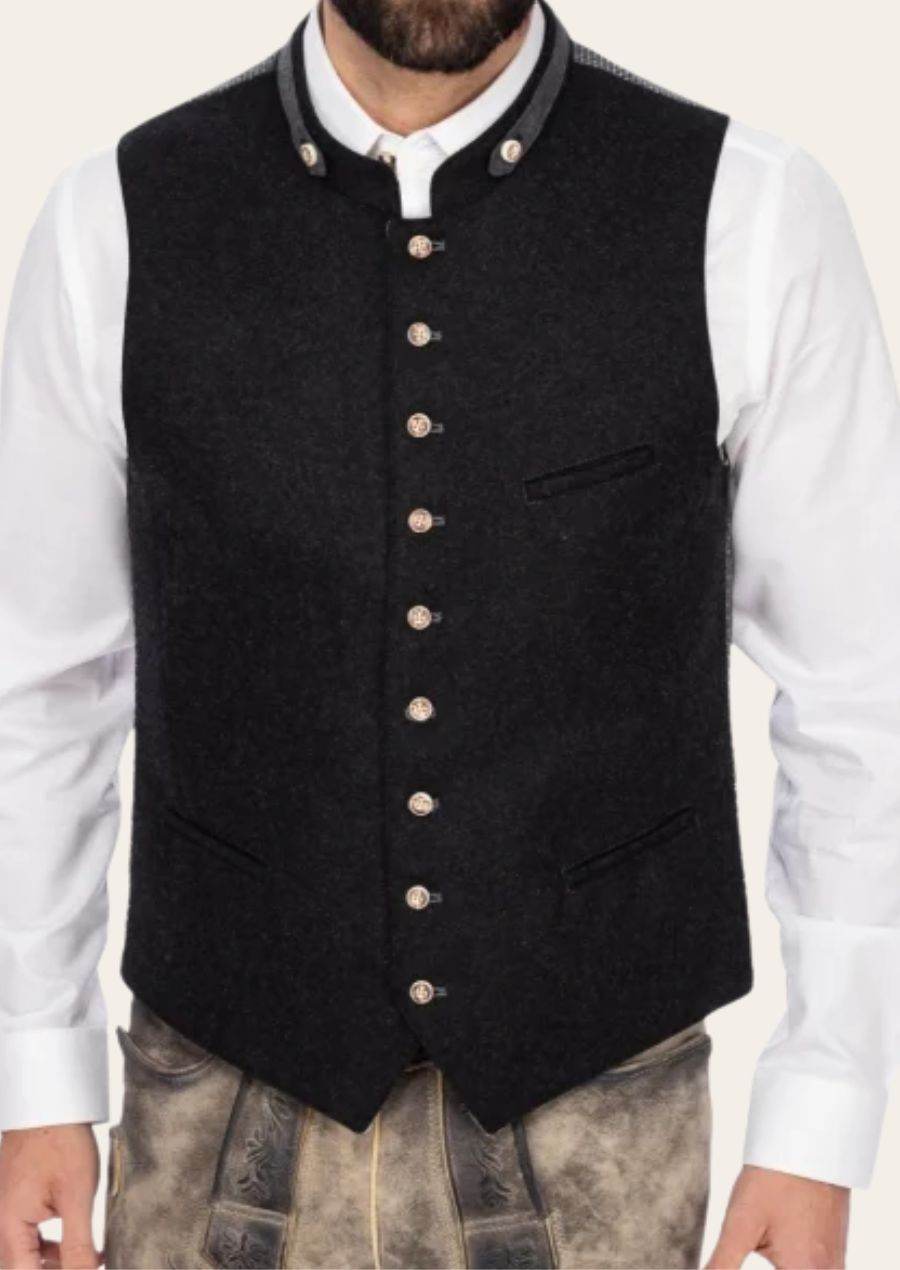 Dark charcoal linen trachten vest with button front, welt pockets, worn with shirt