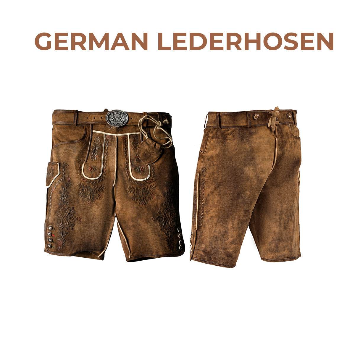 Herren Trachtenhose Kurz in Dunkelbraun mit Hirschmotiv - Lederhose Herren