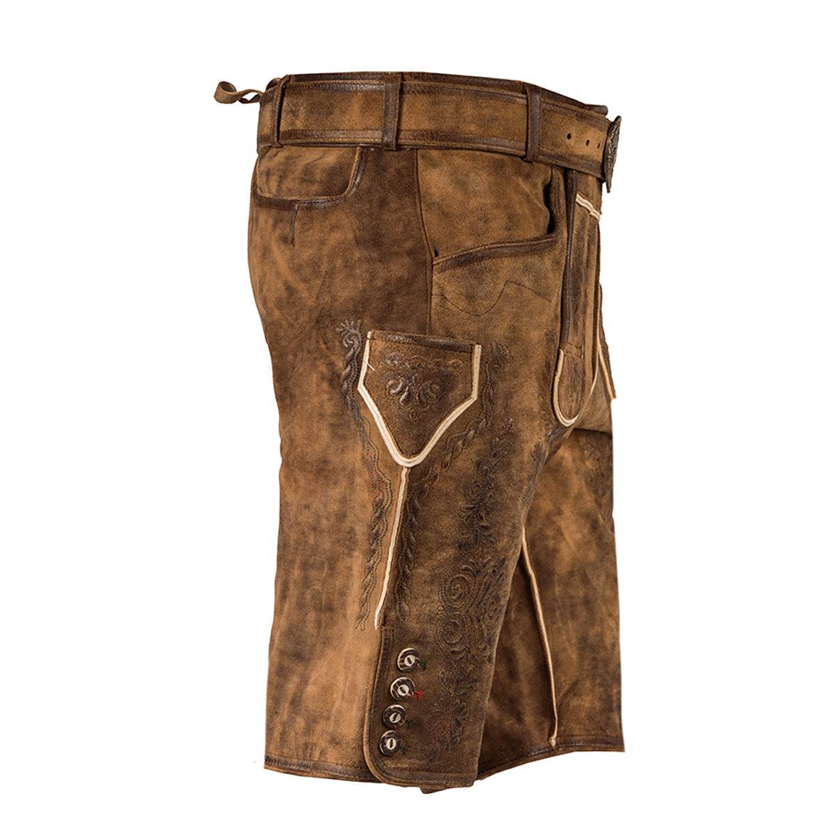 Dark brown short leather trousers with front pocket, horn buttons, and white-trimmed panels
