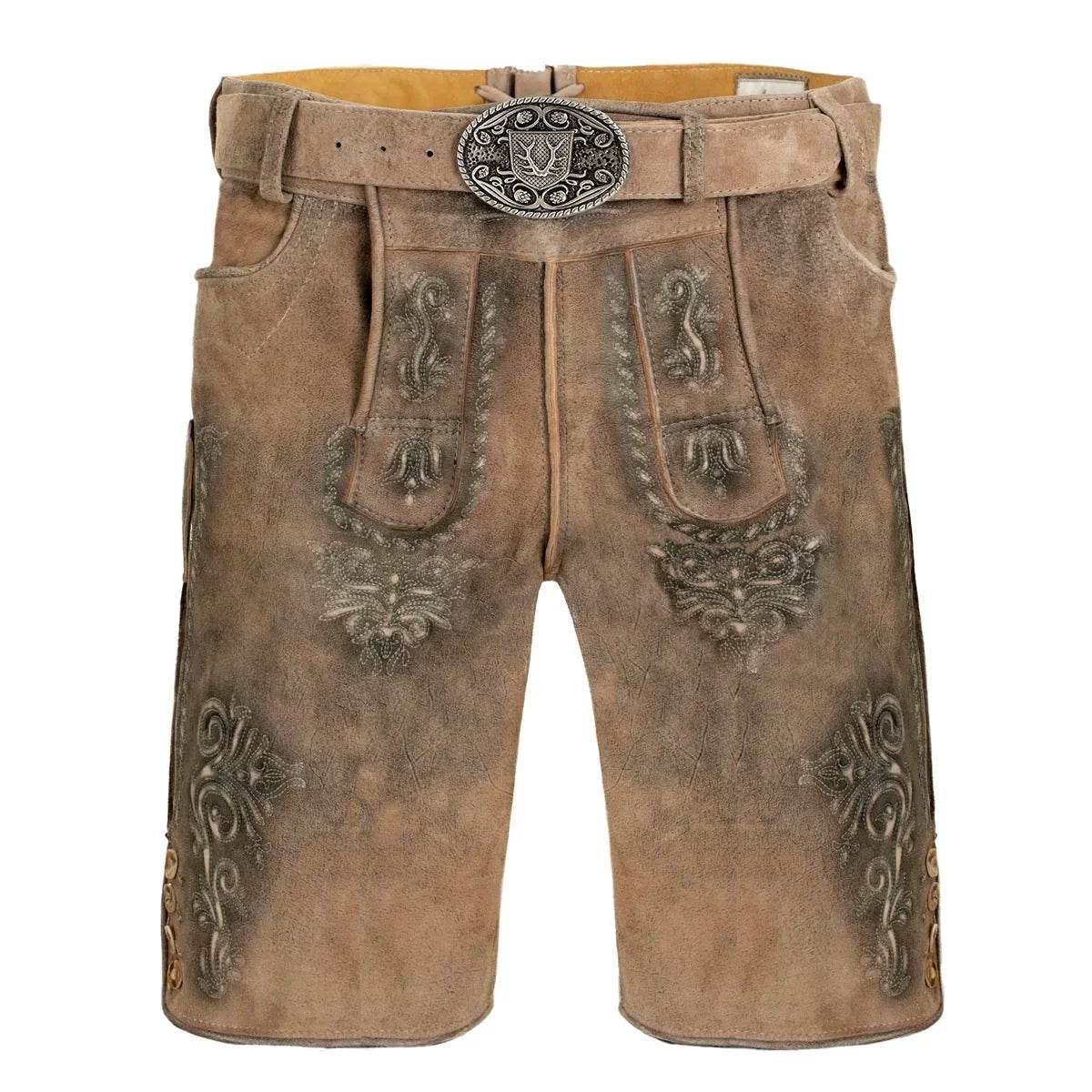 Zünftige Lederhose Herren kurz mit markanter Stickoptik - Lederhose Herren