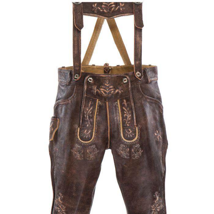Men's brown leather lederhosen with ornate embroidery and hanging suspenders