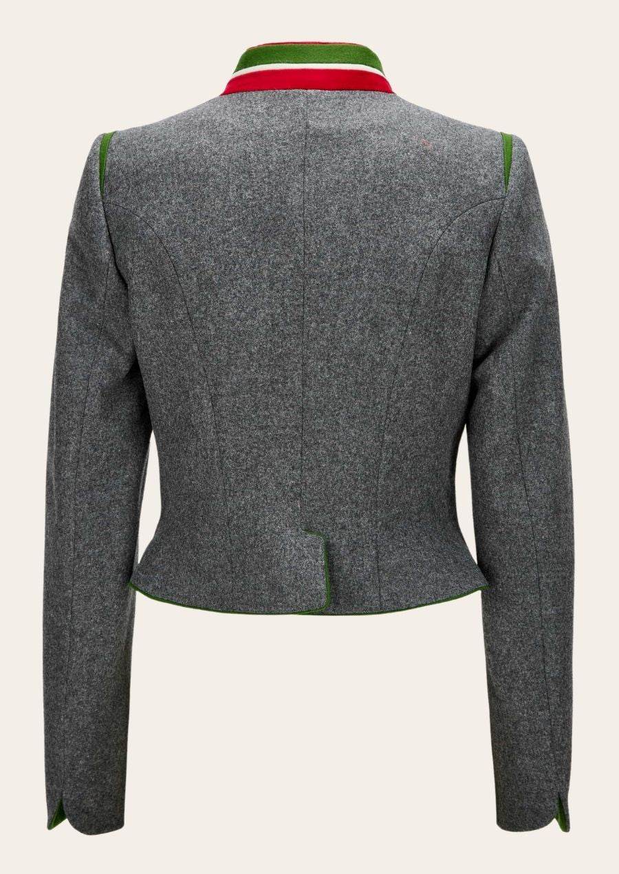 Women’s gray loden jacket, back view, red-green collar with green hem trim