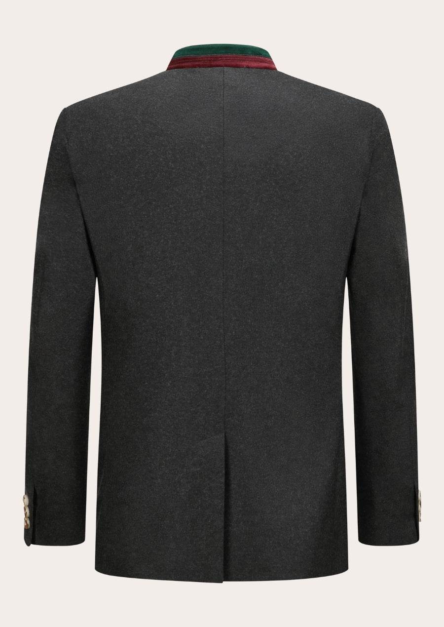Men's Bavarian-style jacket, dark gray with green-and-red collar trim, back view