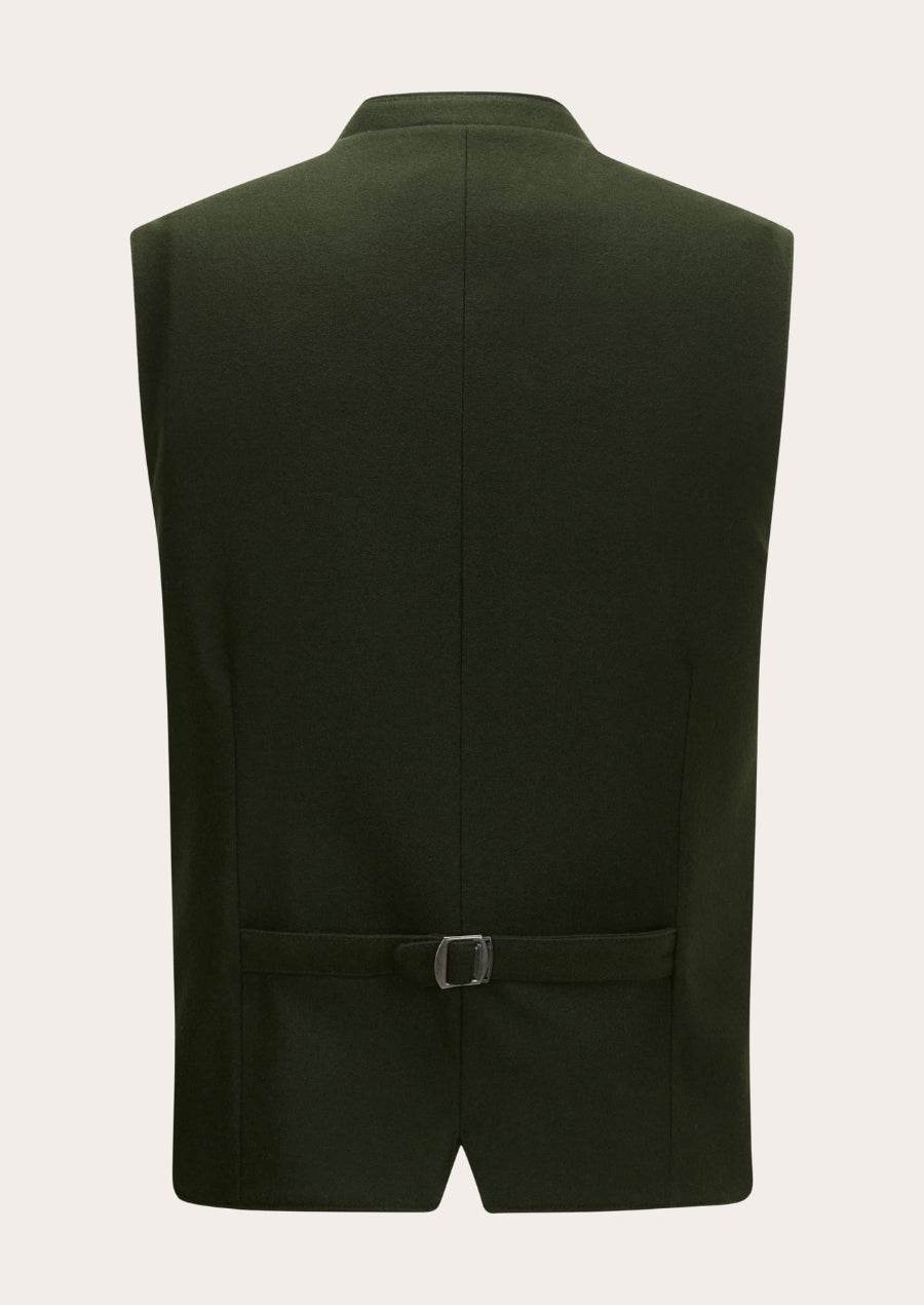 Classic traditional vest back, dark olive green with center seam and waist strap buckle