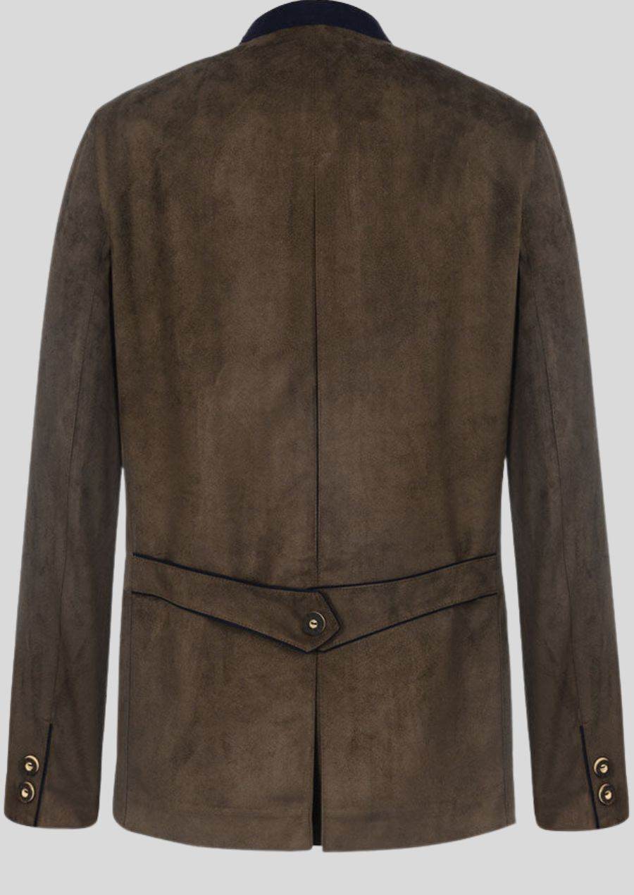 Men's brown loden trachten jacket back view with center seam and waist strap
