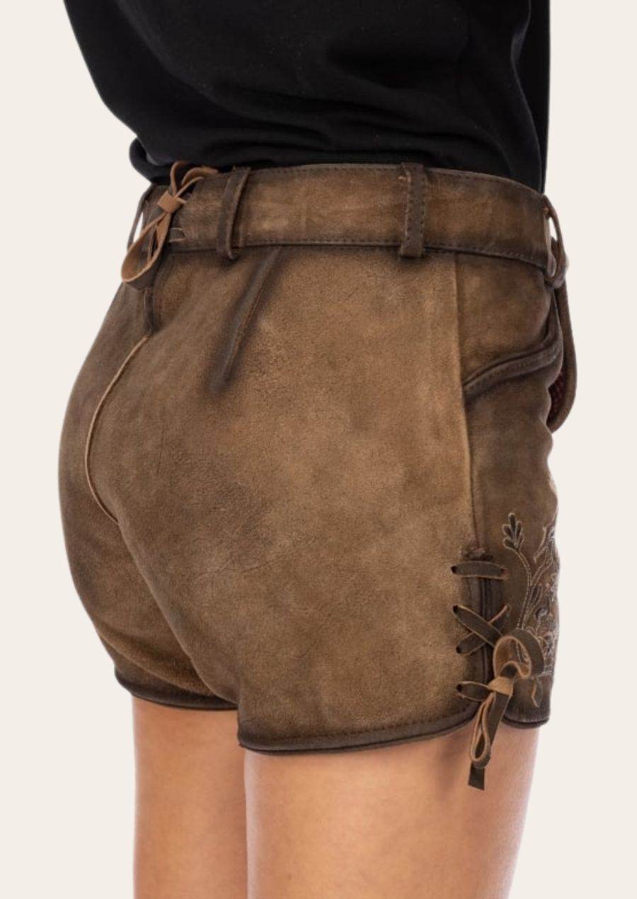 Women’s dark brown leather shorts with suede finish, belt loops, and lace-up detail