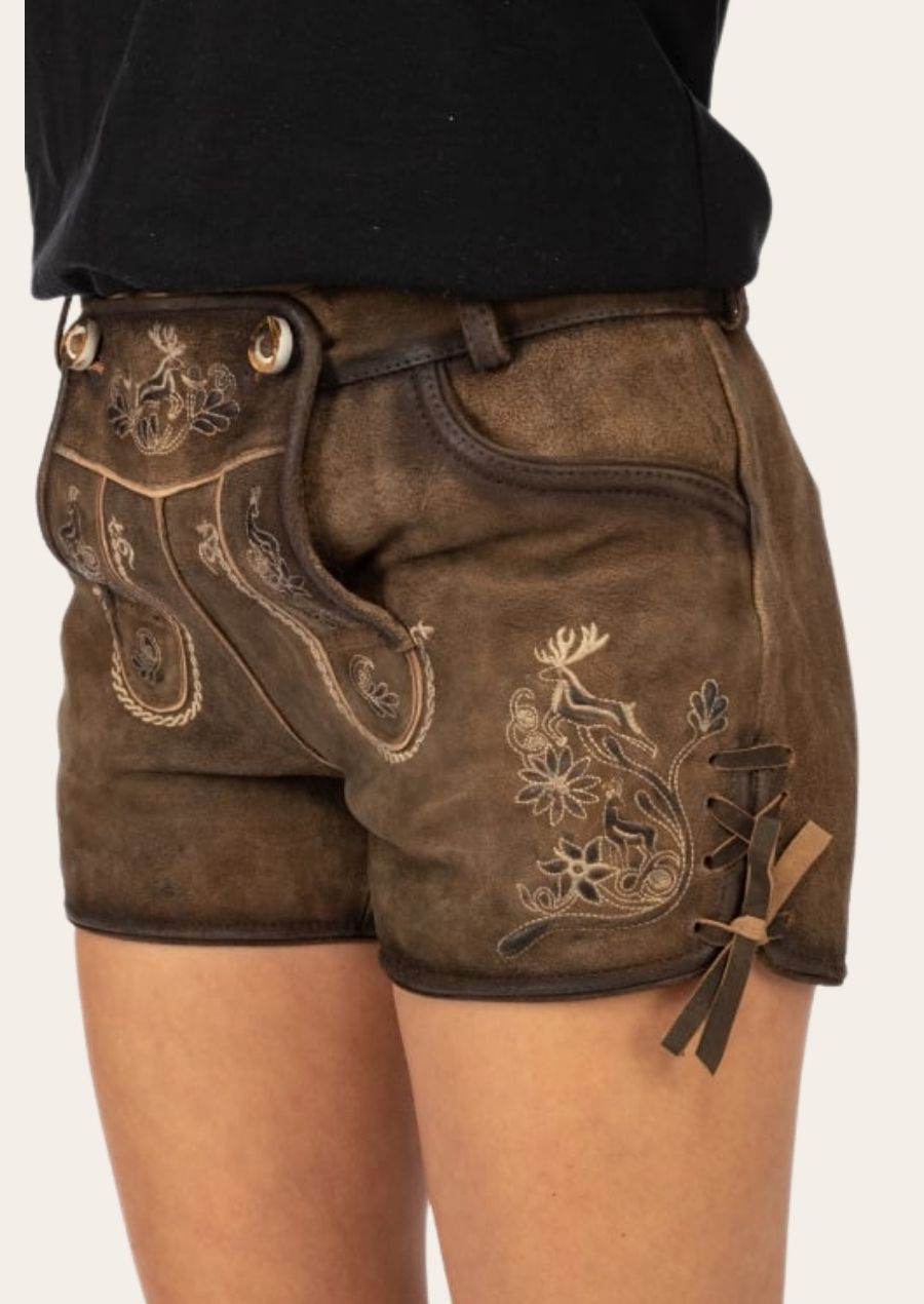 Dunkelbraune Damen Lederhose kurz mit Trachtencharme fürs Fest - Lederhose Herren
