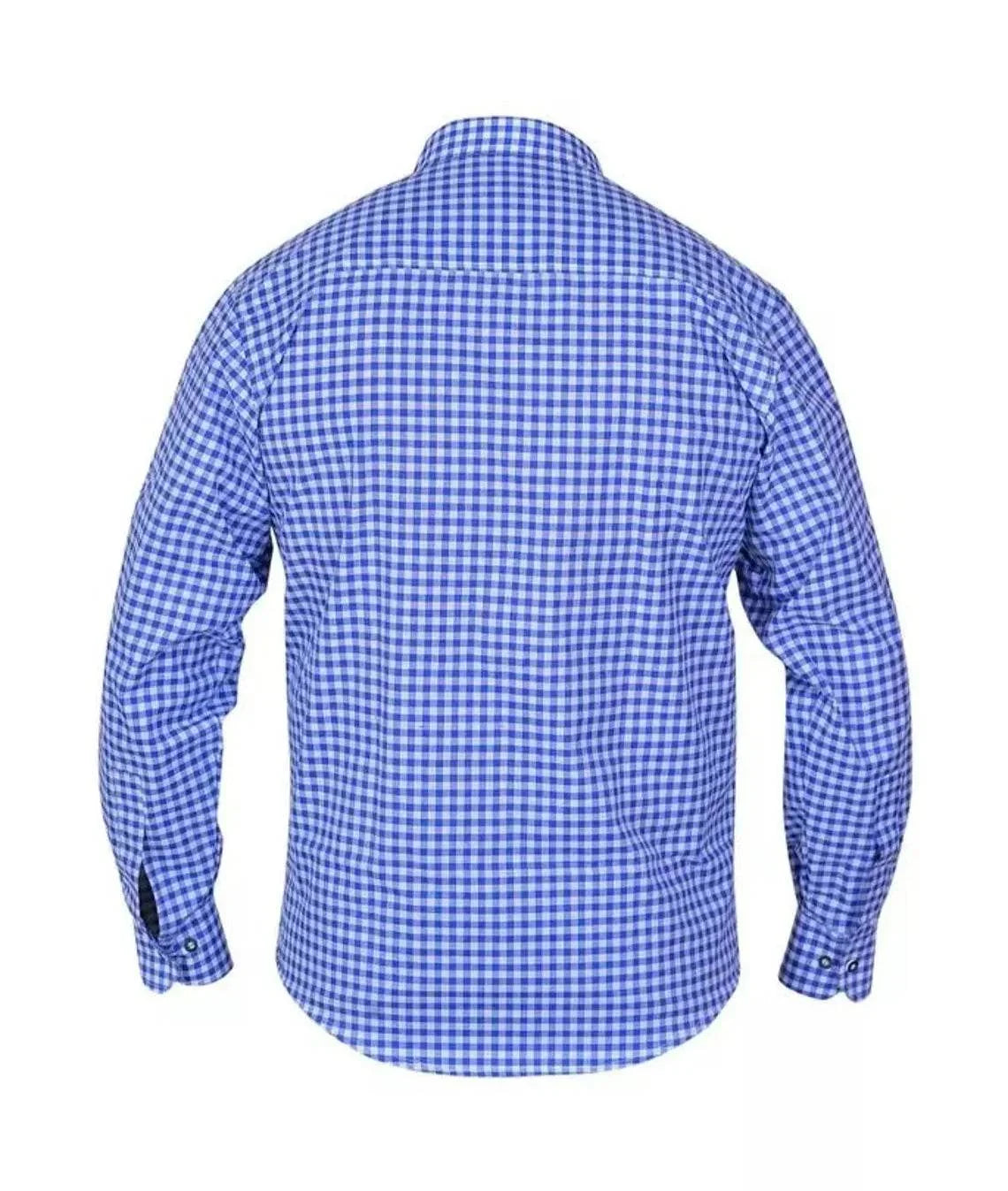 Men's blue gingham check dress shirt, back view with long sleeves