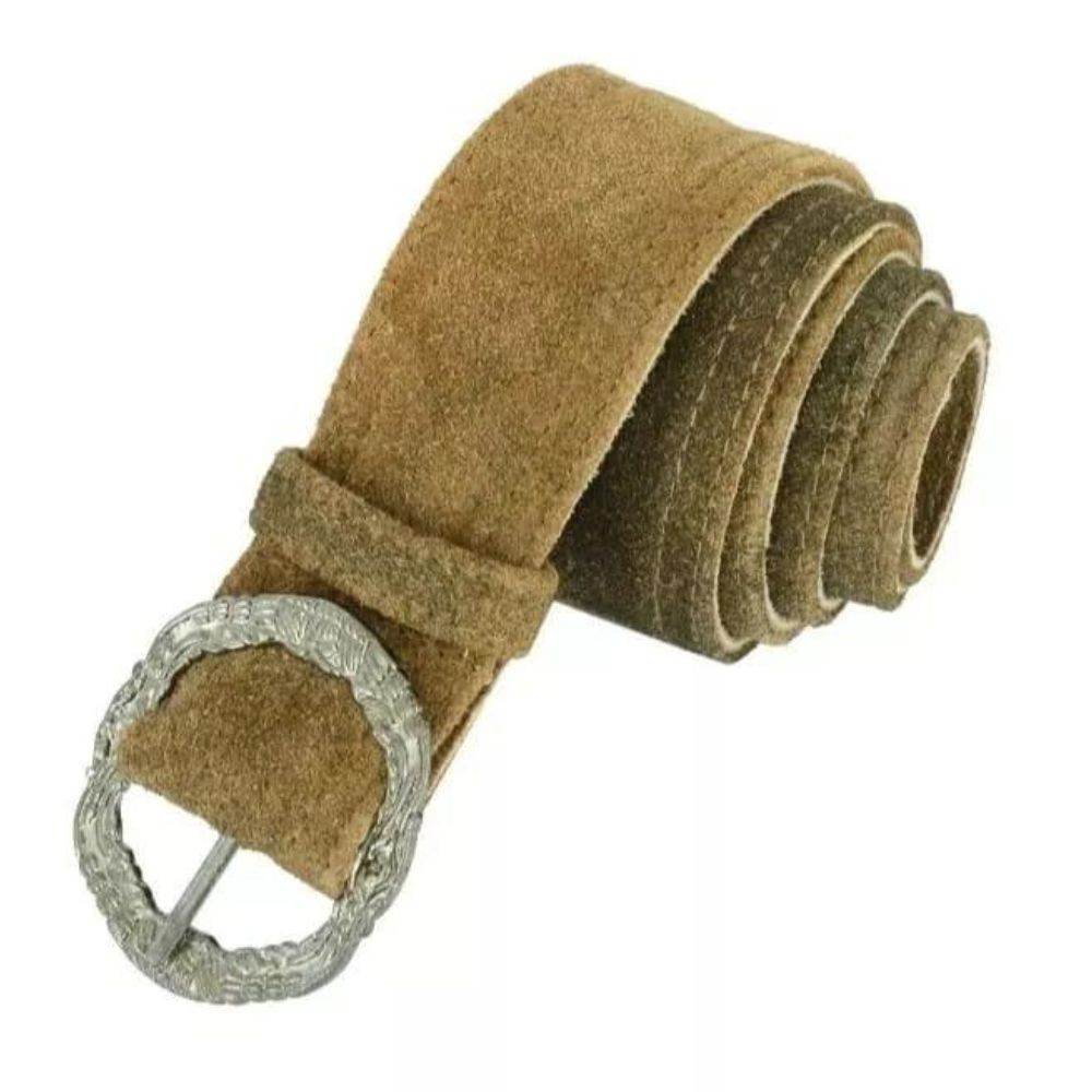 Brown leather belt strap with metal buckle and stitched edge trim