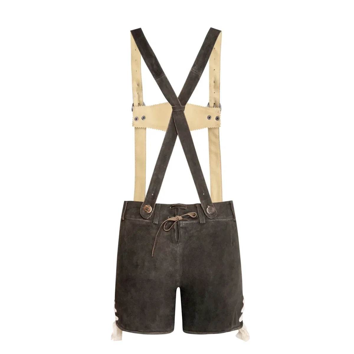Dark brown leather lederhosen shorts with tan cross-back suspenders and drawstring waist