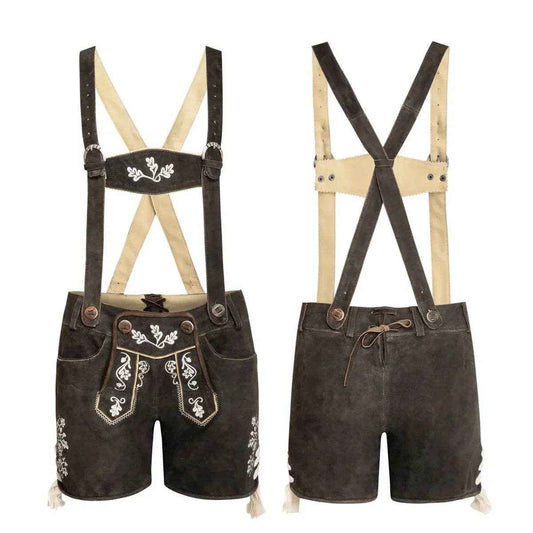 Damen Lederhosen kurz dunkelbraun Trachtenstickerei
