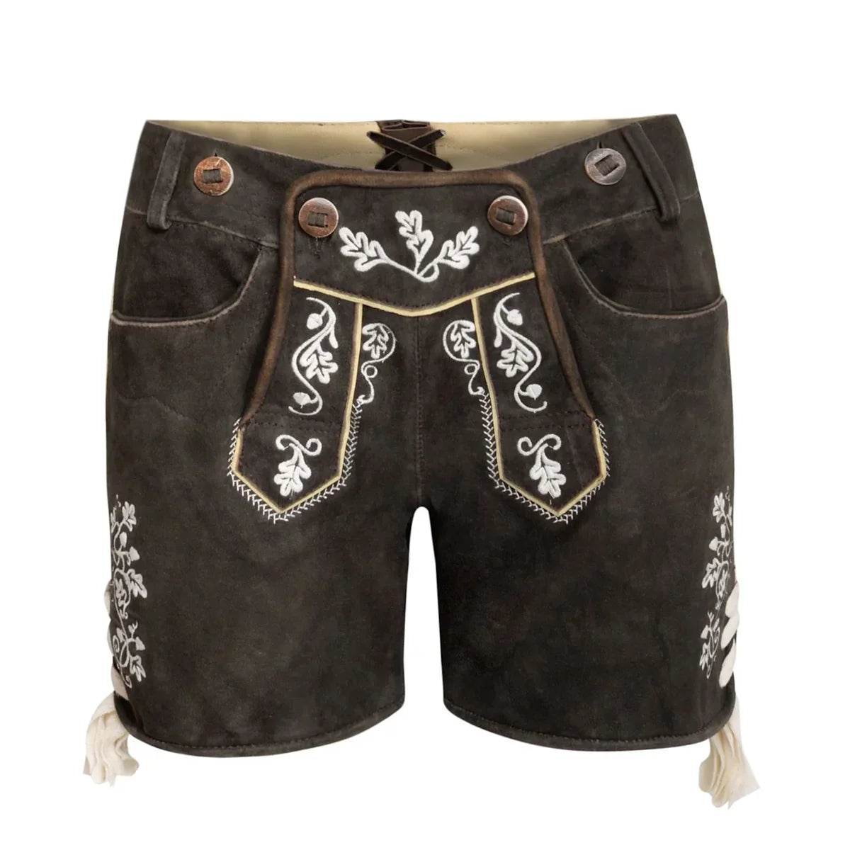 Damen Lederhosen kurz dunkelbraun mit Trachtenstickerei - Lederhose Herren