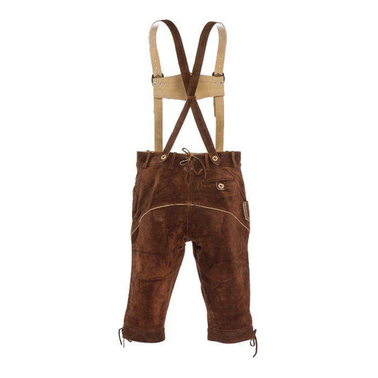 Brown suede lederhosen with cross-back suspenders and buttoned front waistband.