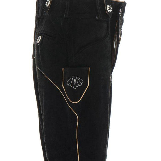 Men's dark leather lederhosen front detail with decorative stitched pocket design