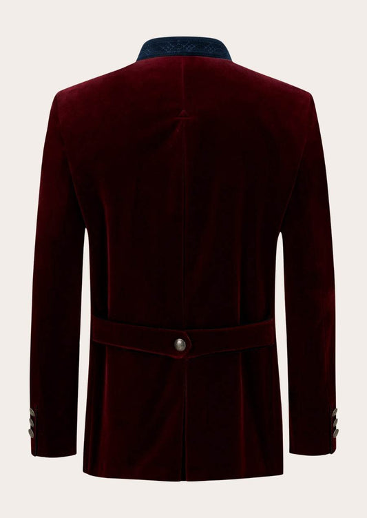 Men's traditional wool jacket, dark red back view with belt strap and long sleeves