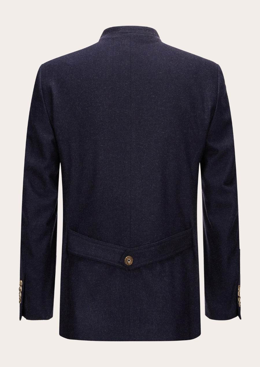 Men's loden slim-fit traditional jacket back view, dark navy stand collar, buttoned waist detail