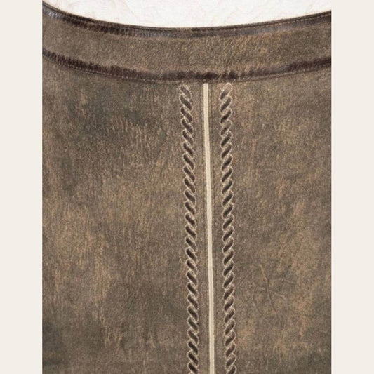 Close-up of vertical braided embroidery on olive-brown leather skirt front