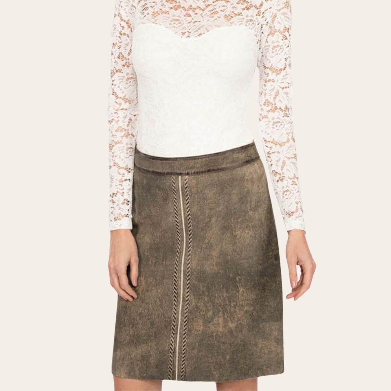 Women’s olive-brown leather skirt worn with lace sleeves, front vertical embroidery