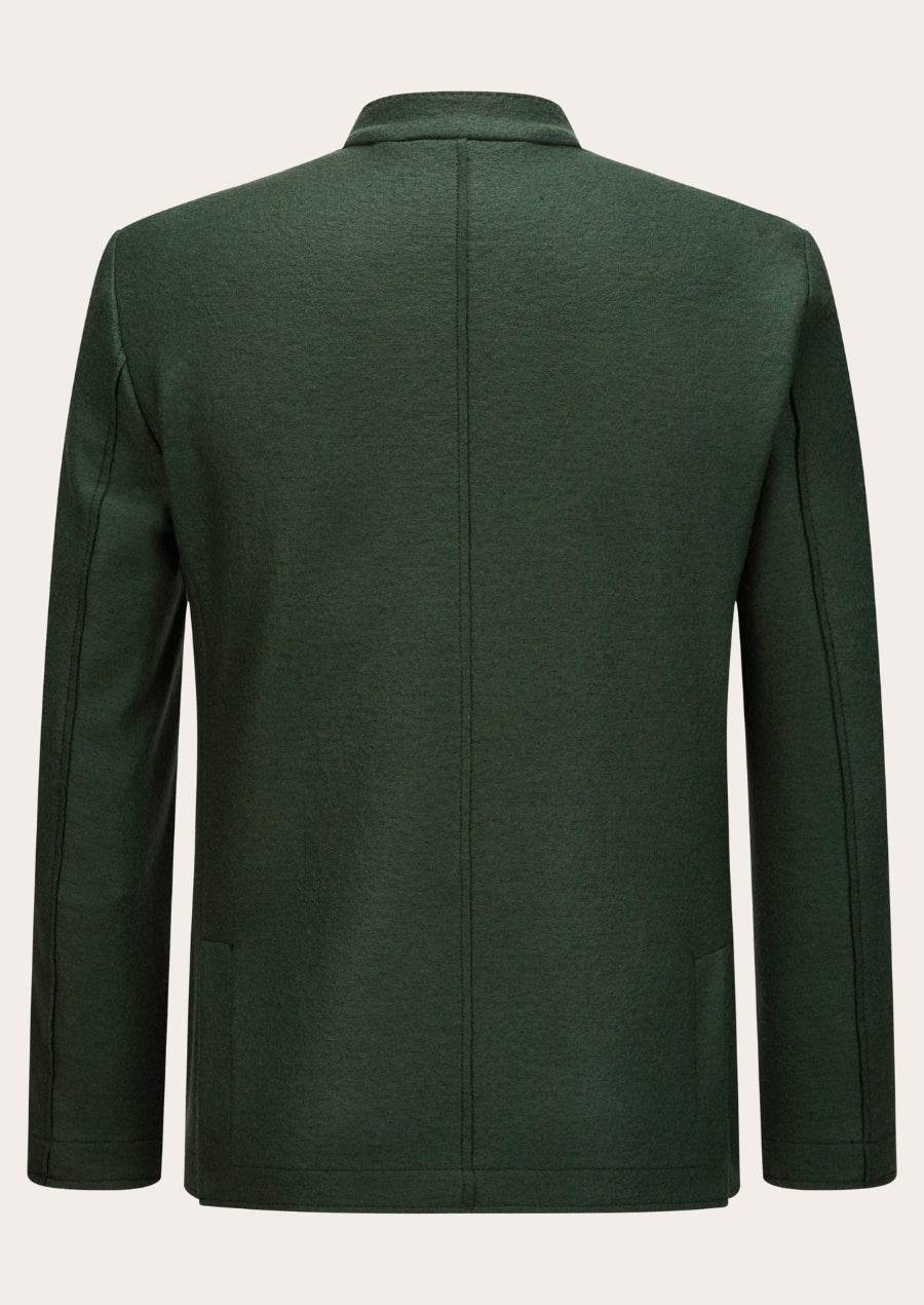 Men's traditional jacket back view, dark green, stand collar, long sleeves, centered seam