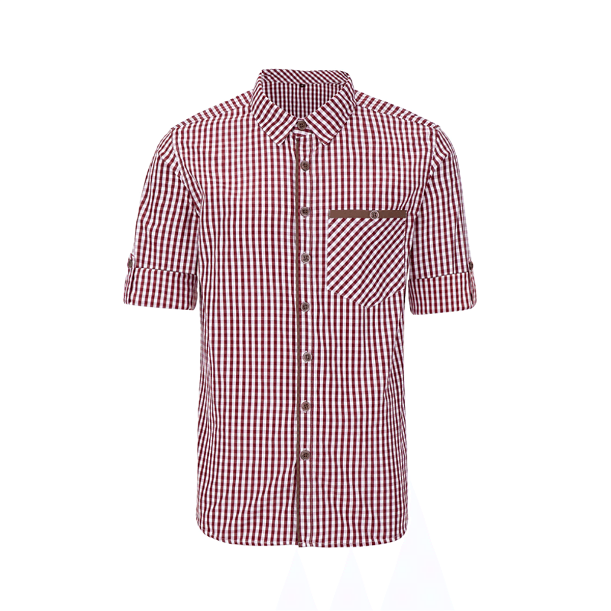 Men's red-and-white checkered short-sleeve button-up shirt with chest pocket