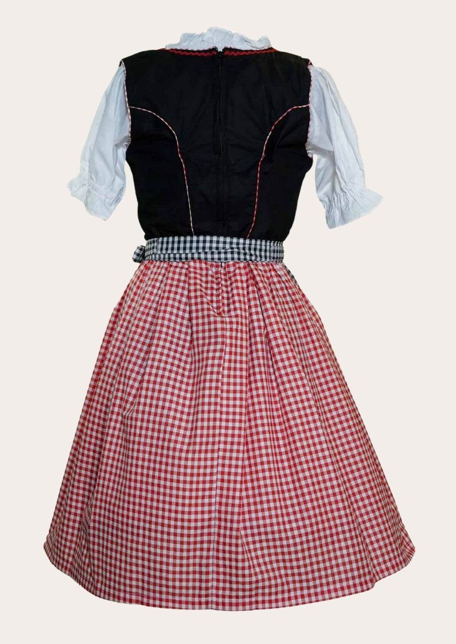 Back of midi dirndl dress with black bodice and red check skirt