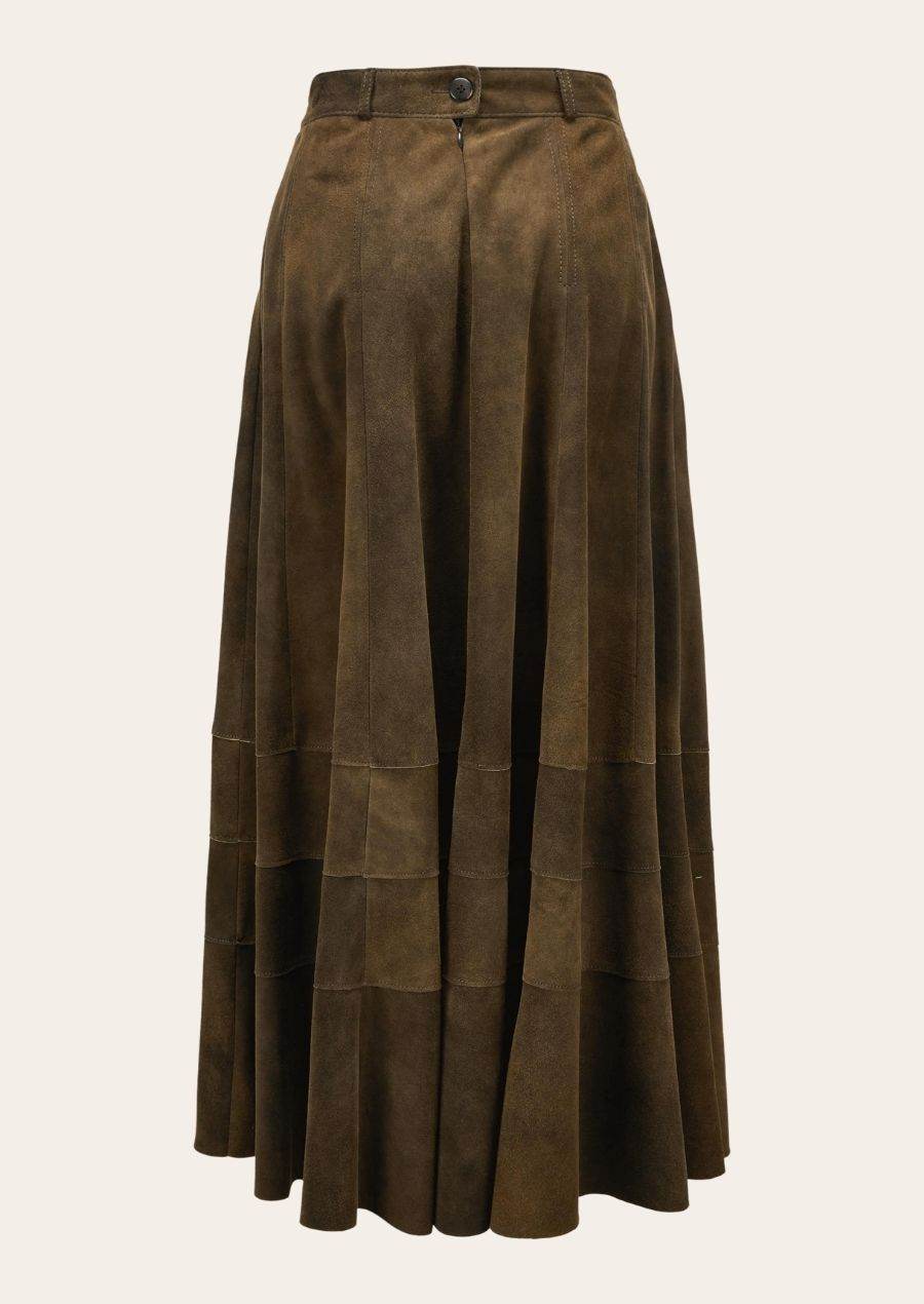 Olive-brown leather trachten skirt, button waistband, vertical pleats and gathered hem