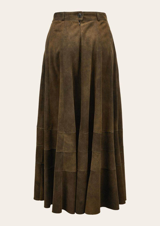 Olive-brown leather trachten skirt, button waistband, vertical pleats and gathered hem