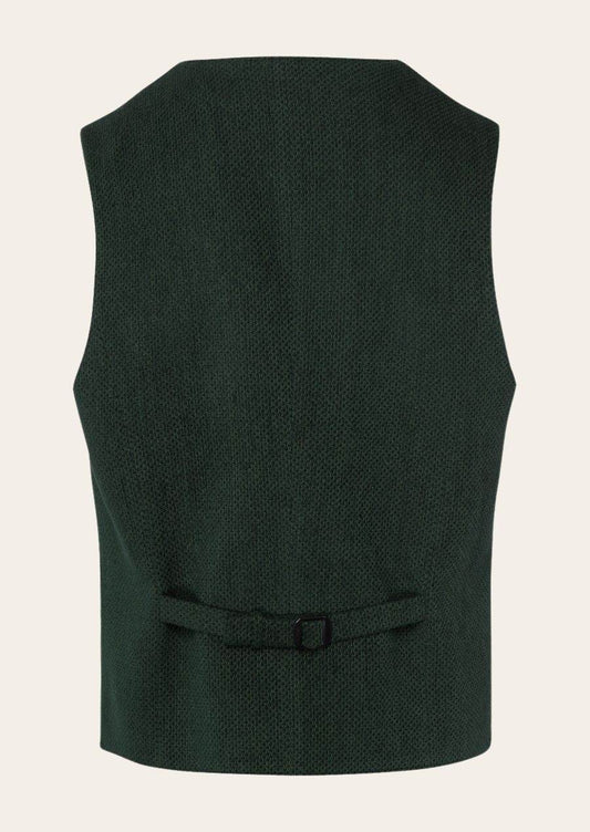 Men's dark green traditional vest, back view with waist belt and button closure