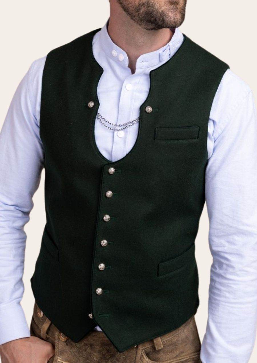 Men's dark green vest with silver-tone button front, stitched neck trim, chest pocket