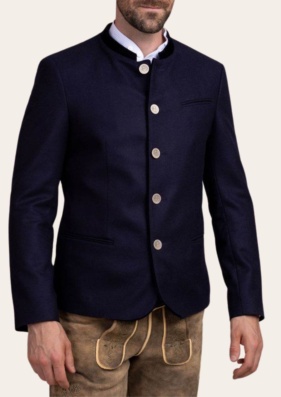 Men's navy button-front traditional jacket with stand collar and chest pocket