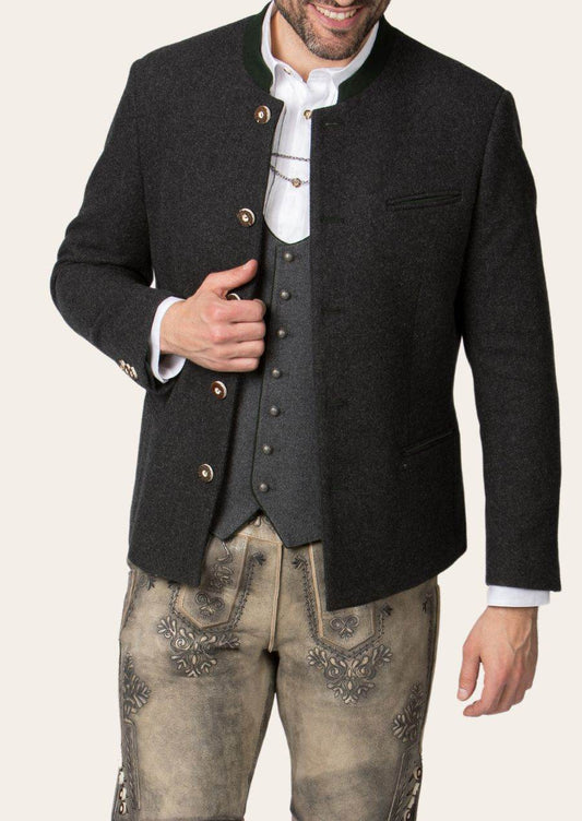 Men's dark wool jacket with gold-tone buttons and flap chest pocket