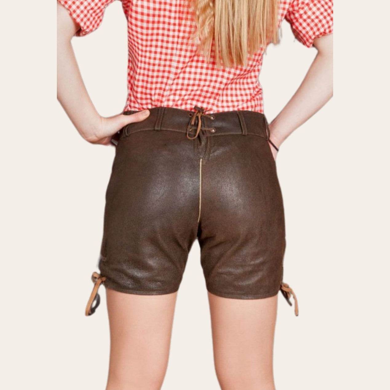 Brown leather shorts with drawstring ties on each side and buttoned waistband