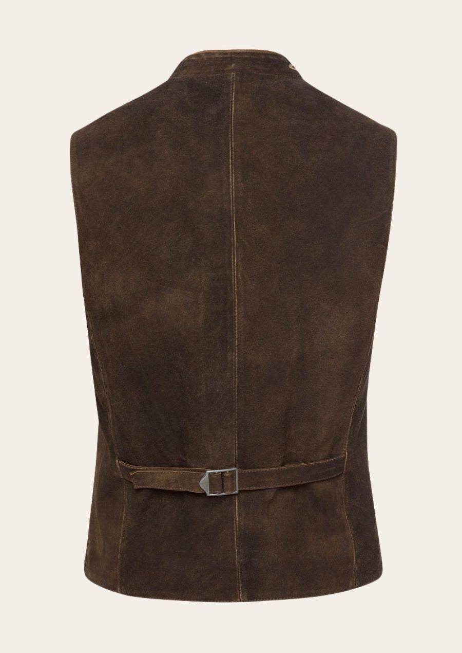 Brown men's traditional vest back, center seam, adjustable belt with buckle