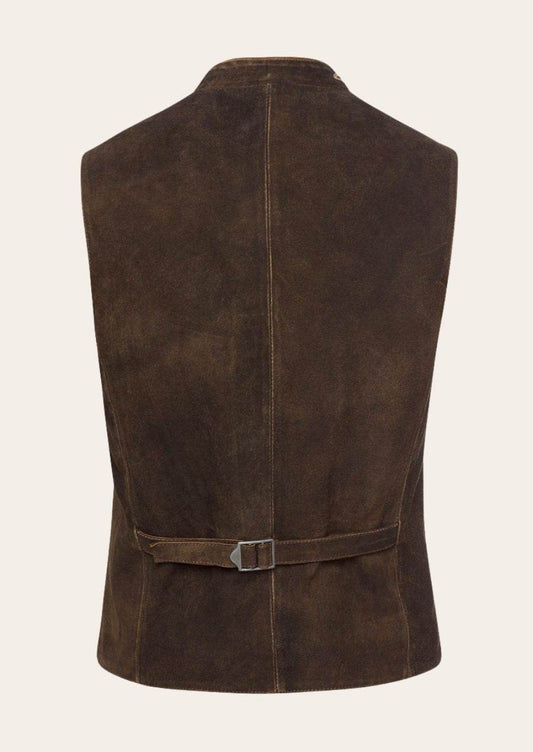 Brown men's traditional vest back, center seam, adjustable belt with buckle
