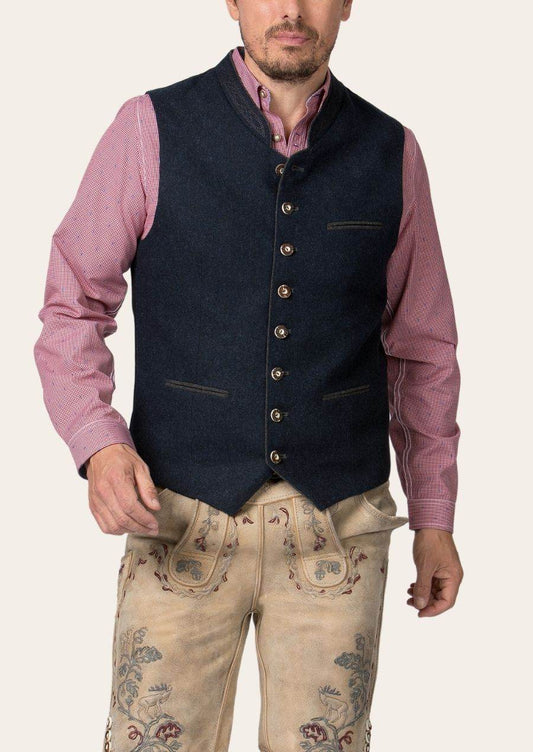 Men’s sleeveless trachten waistcoat vest, dark blue, gold-button placket and welt pockets