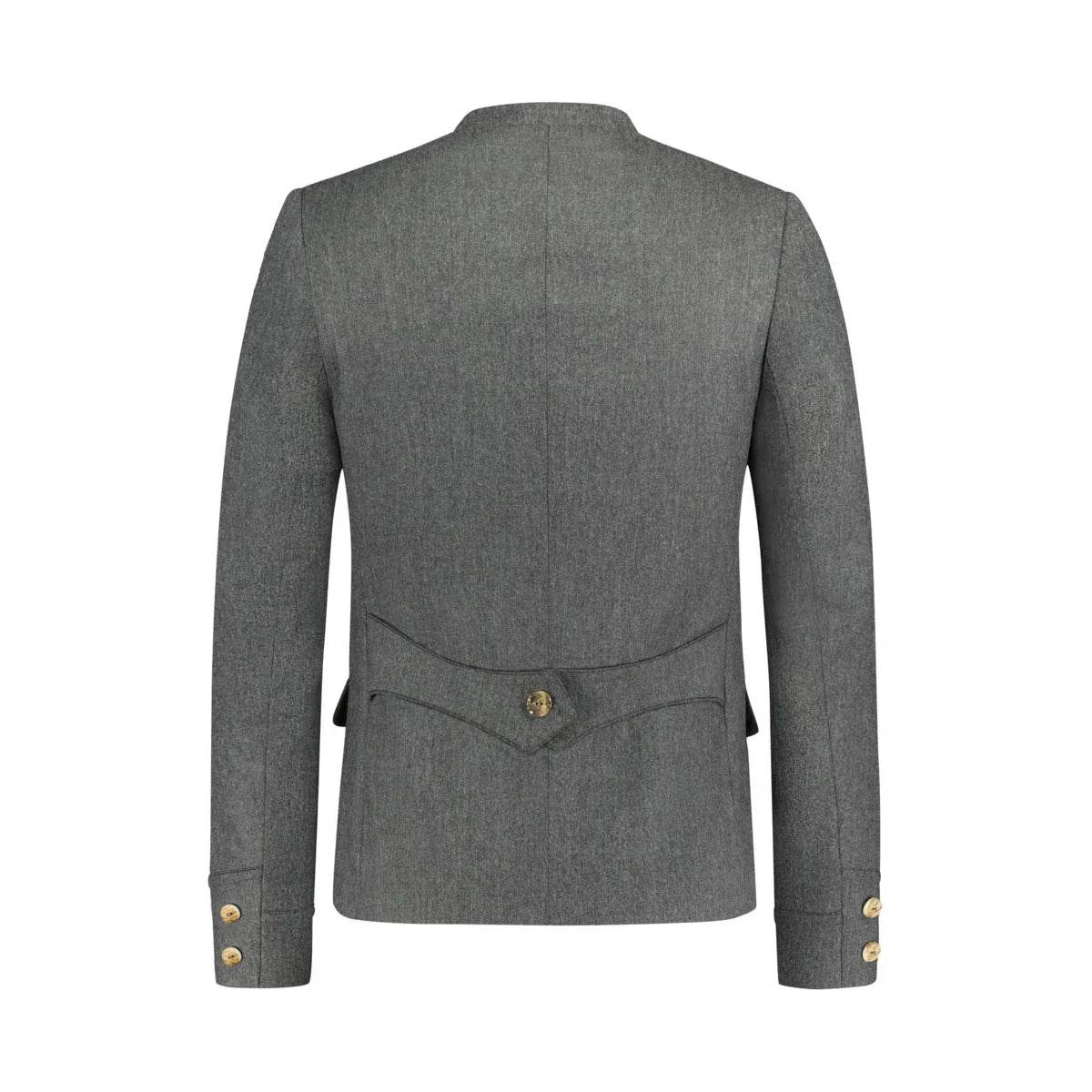 Men's dark gray traditional coat back view with waist belt and gold buttons