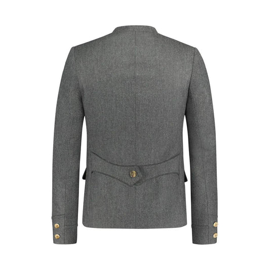 Men's dark gray traditional coat back view with waist belt and gold buttons