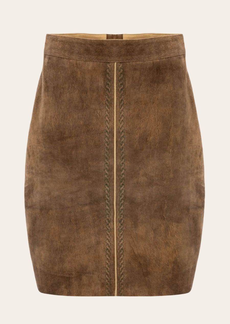 Trachtenrock Damen Lederoptik mit Knöpfen und Stickdetails - Lederhose Herren