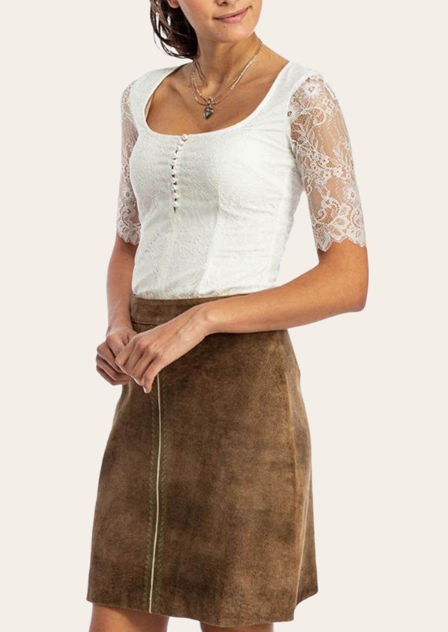 Trachtenrock Damen Lederoptik mit Knöpfen und Stickdetails - Lederhose Herren
