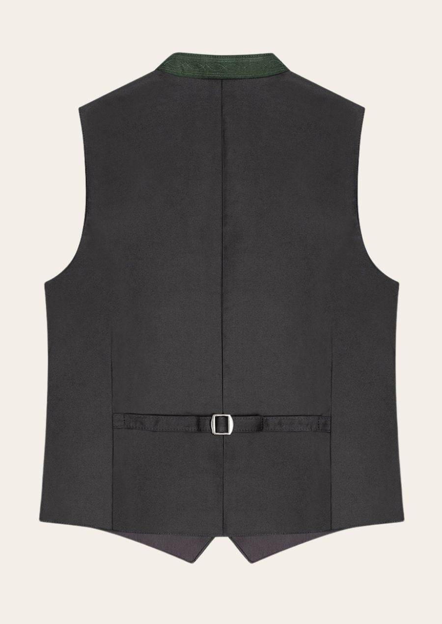 Men's classic traditional vest, dark gray back view, center seam and waist belt strap