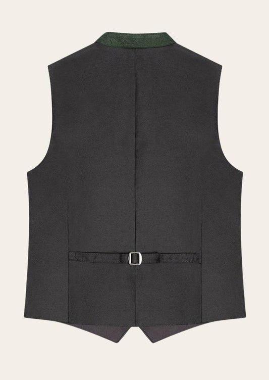 Men's classic traditional vest, dark gray back view, center seam and waist belt strap