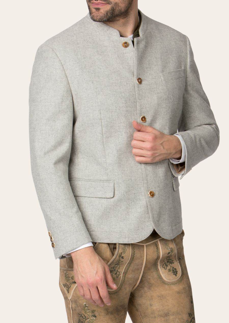 Men's light gray blazer jacket with gold button front and flap pockets, front 3/4 view