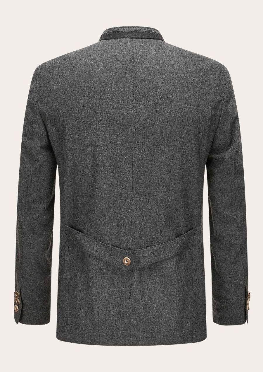 Men's dark gray wool trachten jacket back view with stand collar and rear yoke