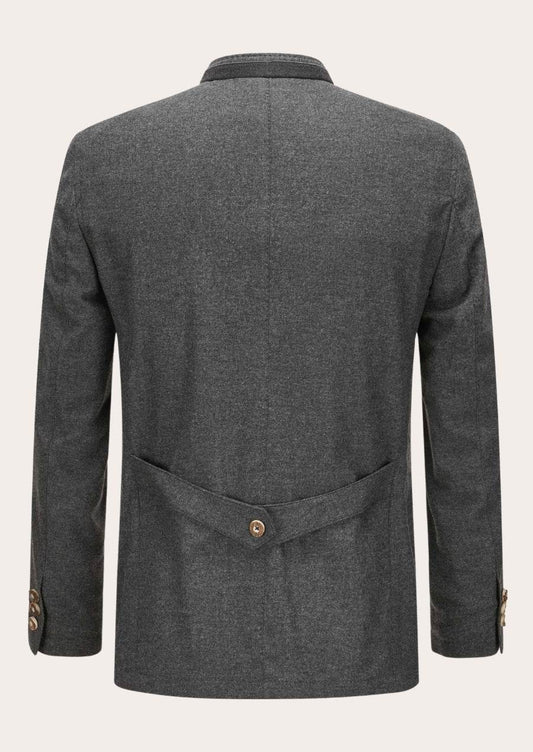 Men's dark gray wool trachten jacket back view with stand collar and rear yoke