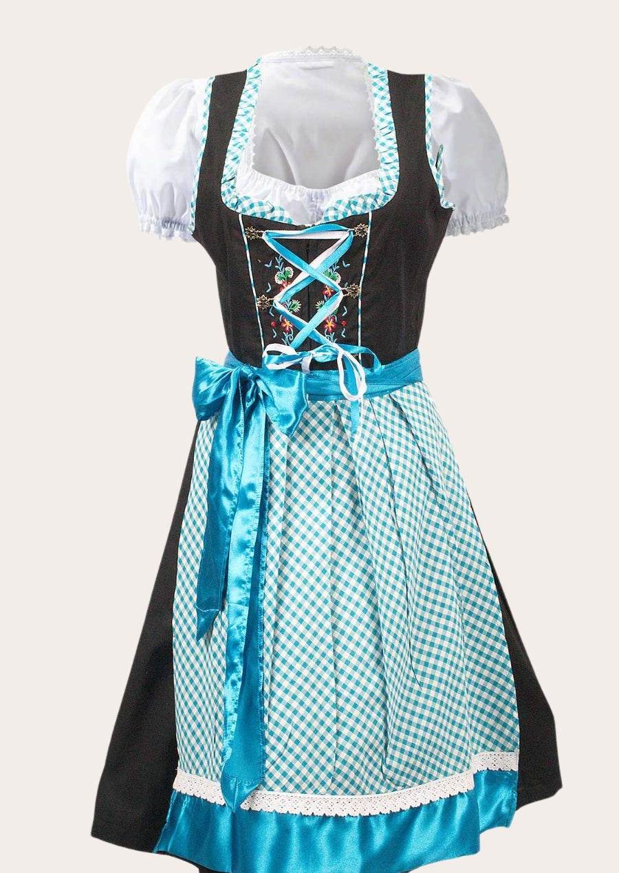 Oktoberfest dirndl dress with black bodice, teal apron and gingham skirt, puff sleeves