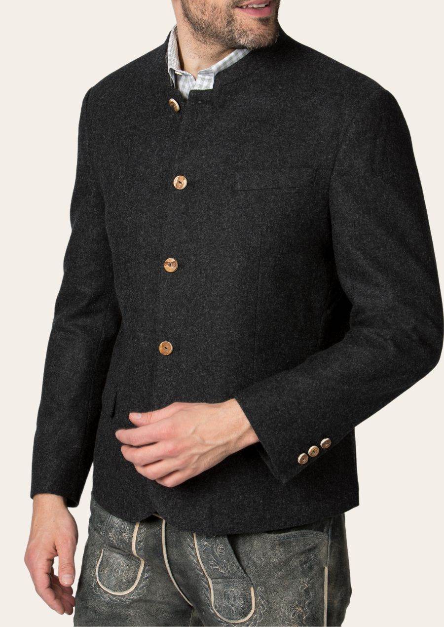 Dark wool janker with stand collar, gold buttons, decorative seams, side welt pockets