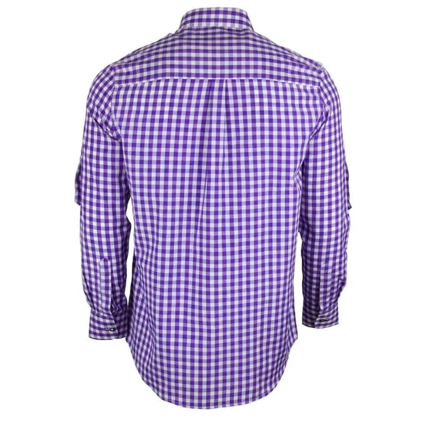 Men's Bavarian dress shirt, purple and white check, back, long sleeves