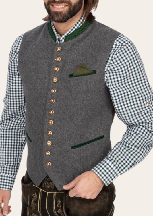 Men’s grey waistcoat with green trim, gold button front, and green-pocket square